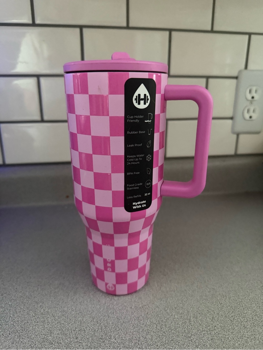 Hydrojug Bubblegum Pink Checkered Insulated Cup With Handle